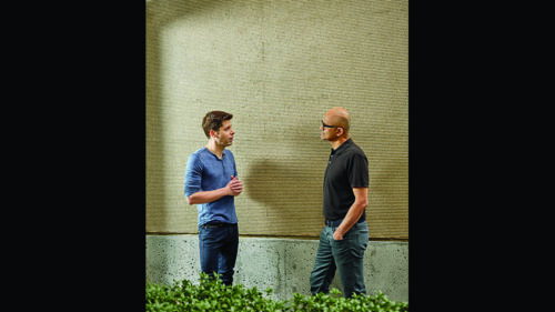 Sam Altman, left who manages the company OpenAI, and Satya Nadella, the chief executive of Microsoft, which is investing $1 billion in OpenAI, at the Microsoft Campus in Redmond, Wash., July 15, 2019. (Ian C. Bates/The New York Times)