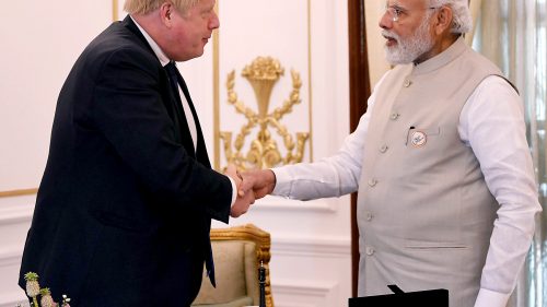 Prime Minister Narendra Modi shakes hand with United Kingdom Boris Johnson
