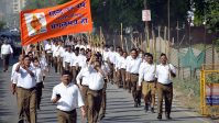 RSS workers take part in the march on the occasion of Vikram Samvat 2079