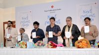 The new book by Dr. Brijeshwar Singh (left) launched by Manav Kaul alongside Dr. Purushottam Agrawal, Dr. Suman Keshari, and Dr. Khalid Jawed in Delhi