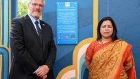 Meenakshi Lekhi, Minister of State for External Affairs and Culture and Ambassador Naor Gilon at the mural launch in CP