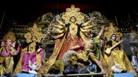 A clay idol of Goddess Durga is on display for the upcoming Durga Puja festival