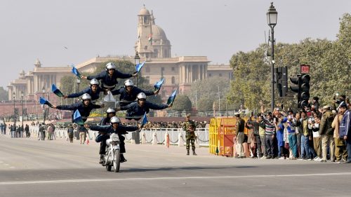 Indian Army personnel perform daredevil motorbike stunts
